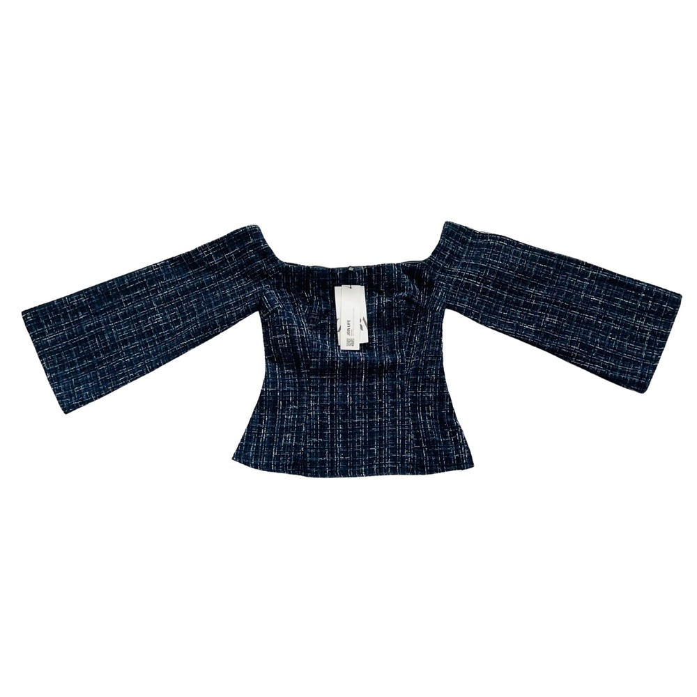 Zara Blue Tweed Off The Shoulder Bell Sleeve Blouse Top XS NWT 8741/257/030